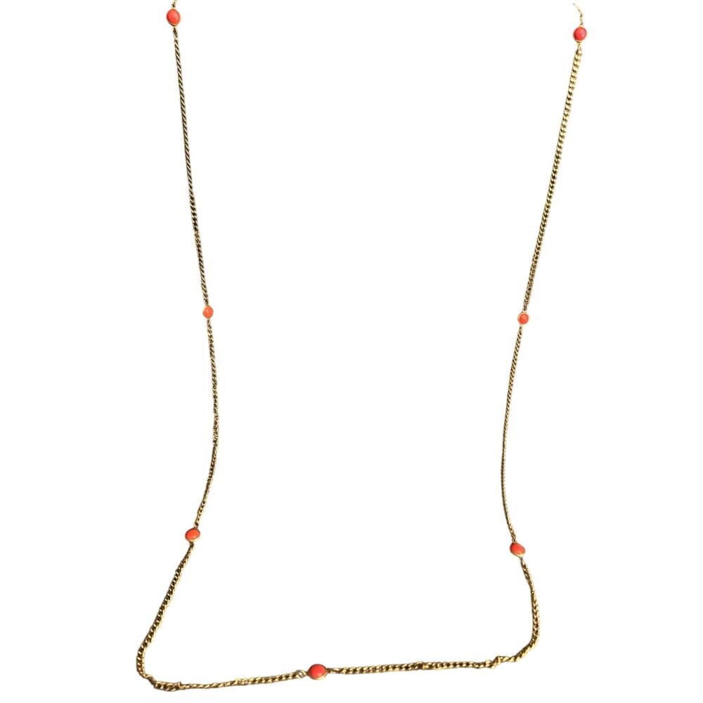 54 Inch Long Gold Chain with Coral Colored Enamel Vintage Necklace